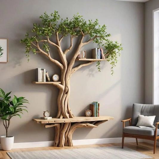 Natural wood bookshelf tree branch bookcase handmade furniture shelves on wall for decor home art, meaningful gifts