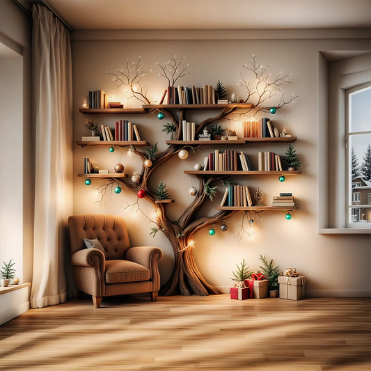 Natural wood bookshelf tree branch bookcase handmade furniture shelves on wall for decor home art, meaningful gifts