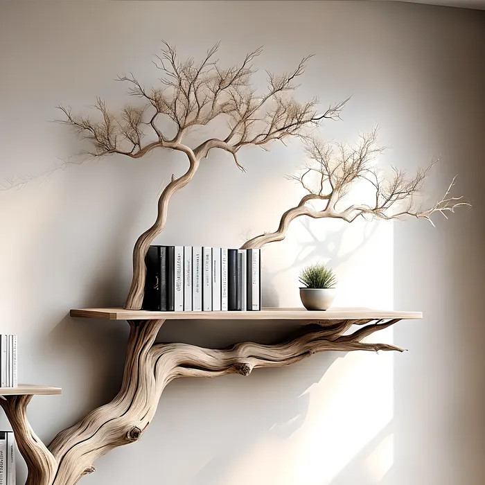 Tree branch bookshelf, handmade items, floating bookshelf, bookshelf, living room, bookshelf