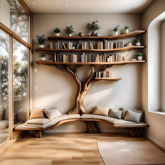 Handcrafted tree-shaped bookshelf combined with multifunctional reading stand